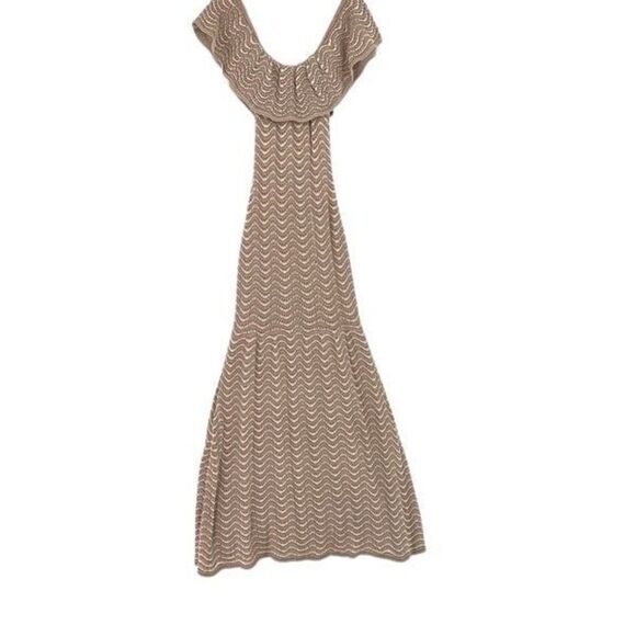Galeria Tricot Tan White Striped Off The Shoulder Crochet Knit Maxi Dress Small - Picture 8 of 9